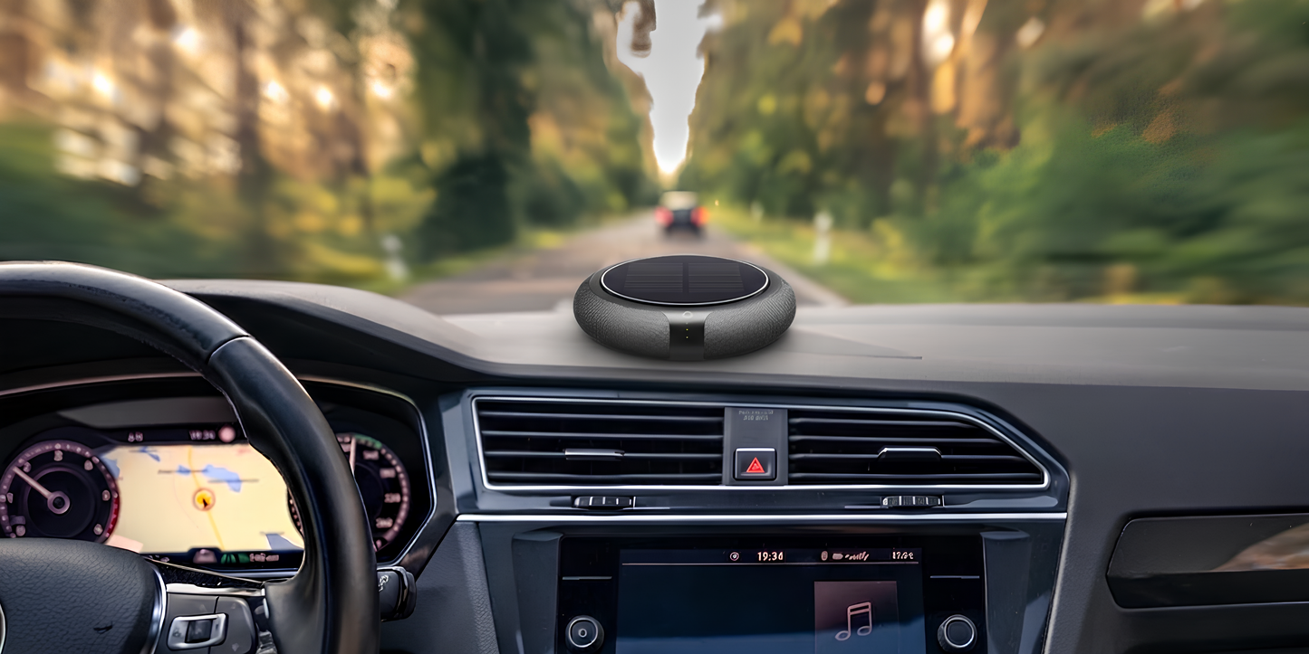 Carisma™ Solar Air Car Solar Purifier showing sleek design and solar panel for eco-friendly air purification inside vehicles.