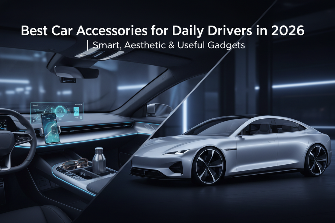 Modern commuter car setup with smart car gadgets and dashboard organizer