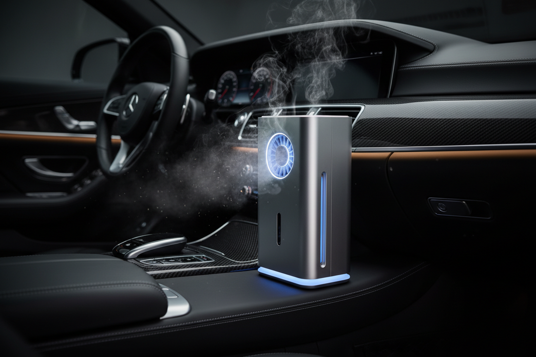 GetCarisma solar-powered car air purifier placed on a dashboard helping improve cabin air quality and reduce smoke odors