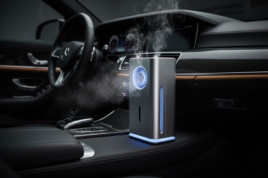 GetCarisma solar-powered car air purifier placed on a dashboard helping improve cabin air quality and reduce smoke odors