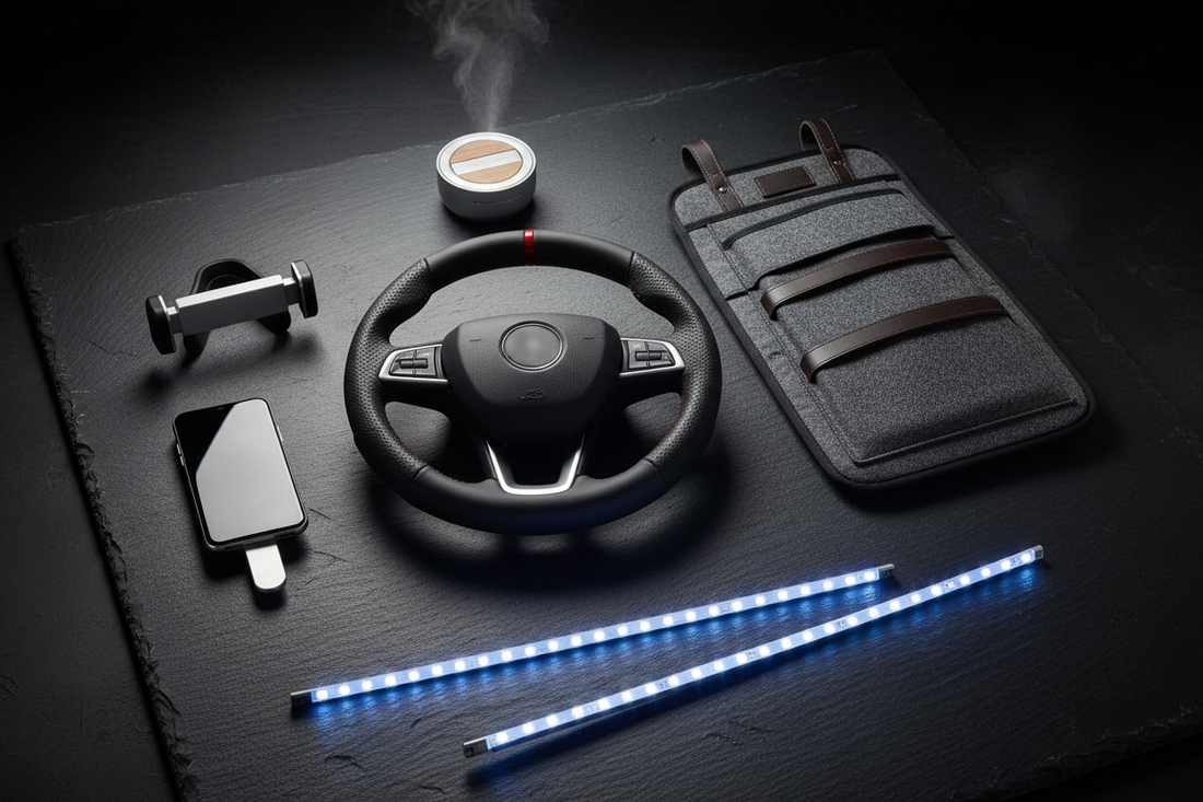 Luxury modern car interior with aesthetic dashboard gadgets and smart car accessories