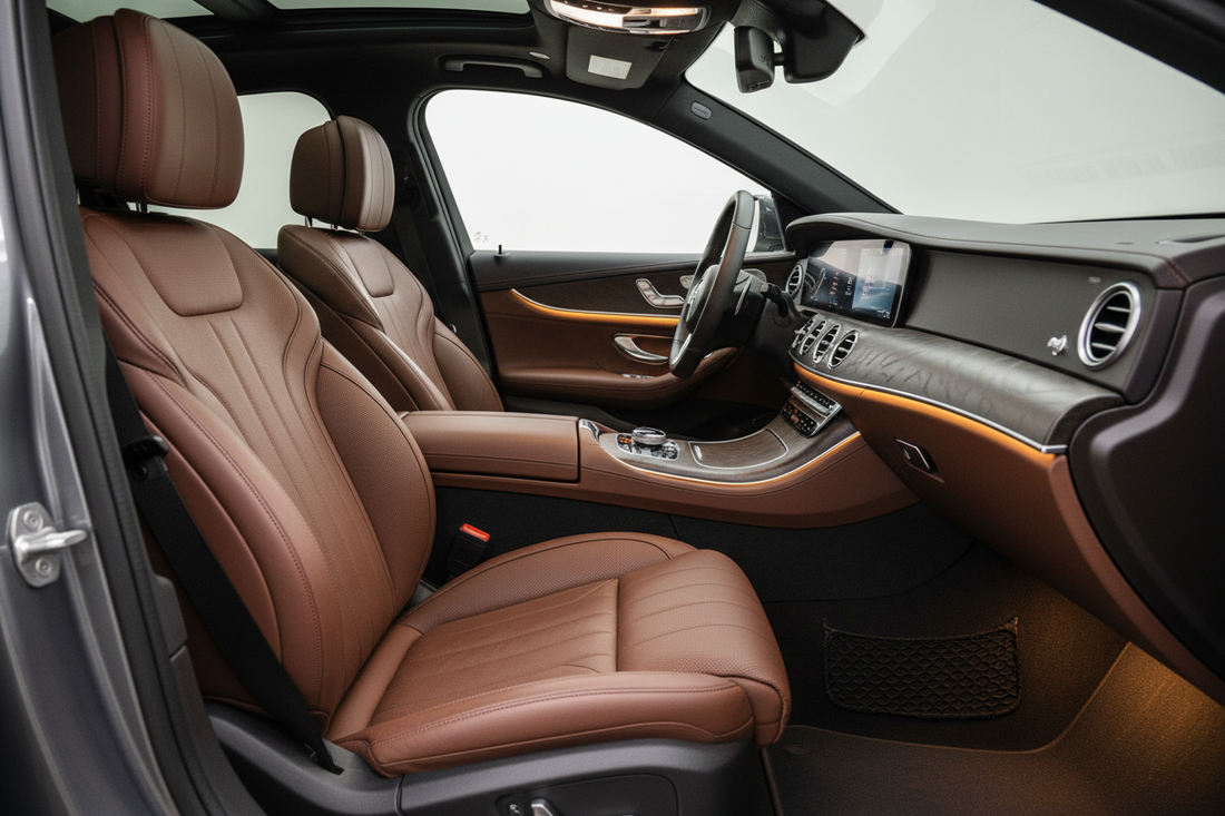 Luxury modern car interior with aesthetic dashboard accessories and smart car gadgets