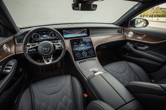 Modern luxury car interior with aesthetic dashboard gadgets and premium accessories