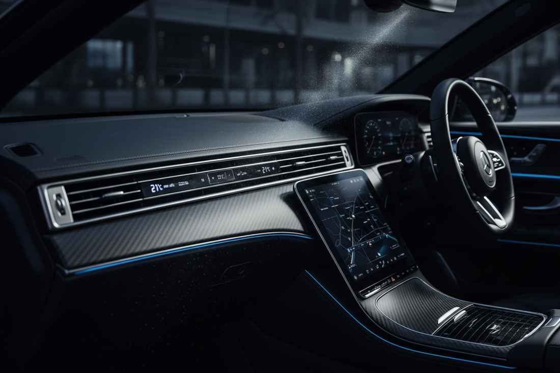  vehicle air conditioning system  car dashboard air vent close up  removing odor from car ac vents  solar powered car air purifier on dashboard  improving air quality inside a vehicle