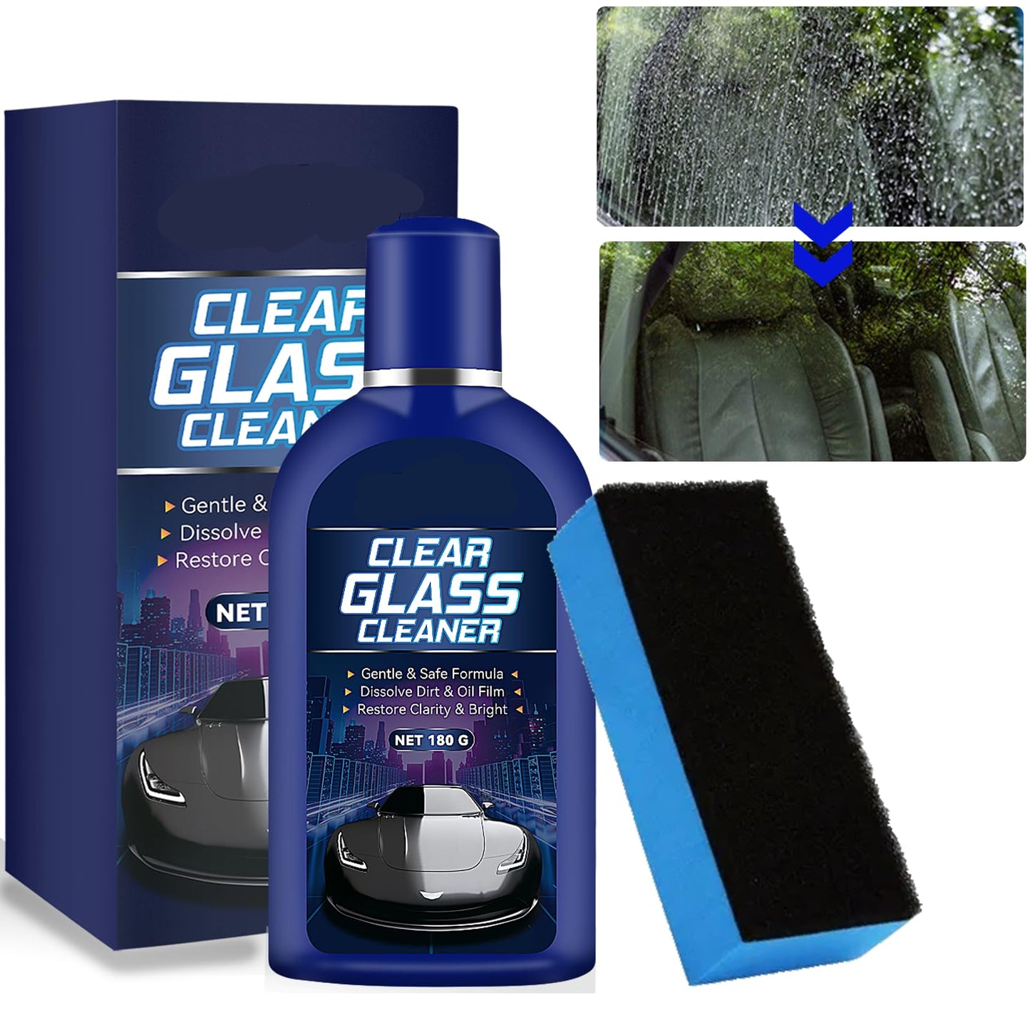 Carisma™ Clear View Car Glass Cleaner Remover showing a spray bottle and a clean, clear car windshield.