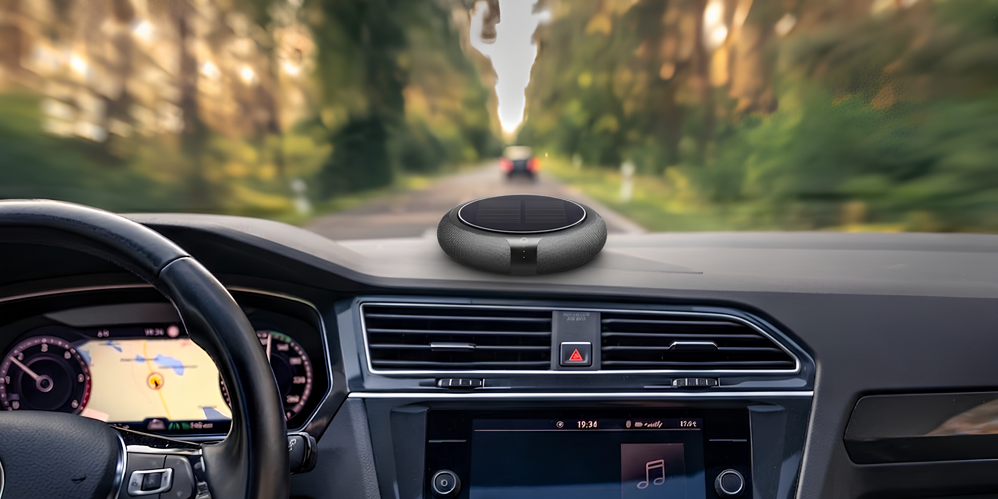 Carisma™ Solar Air Car Solar Purifier showing sleek design and solar panel for eco-friendly air purification inside vehicles.
