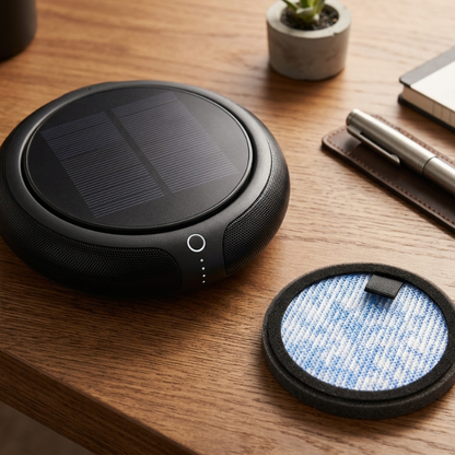 Carisma™ Solar Air Car Solar Purifier shown outdoors, compact device with solar panel for air purification in vehicles.