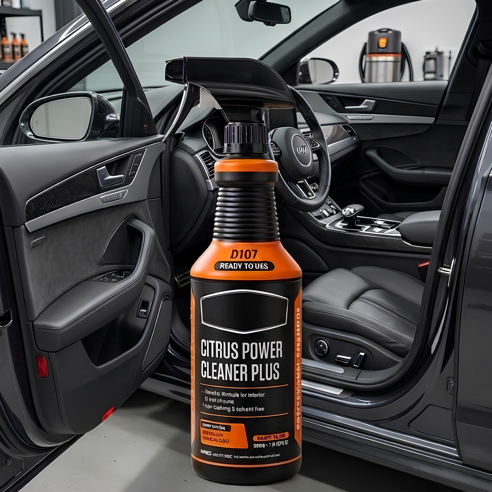 Carisma™ Power Clean citrus cleaning solution bottle with label and orange slices for natural cleaning power.