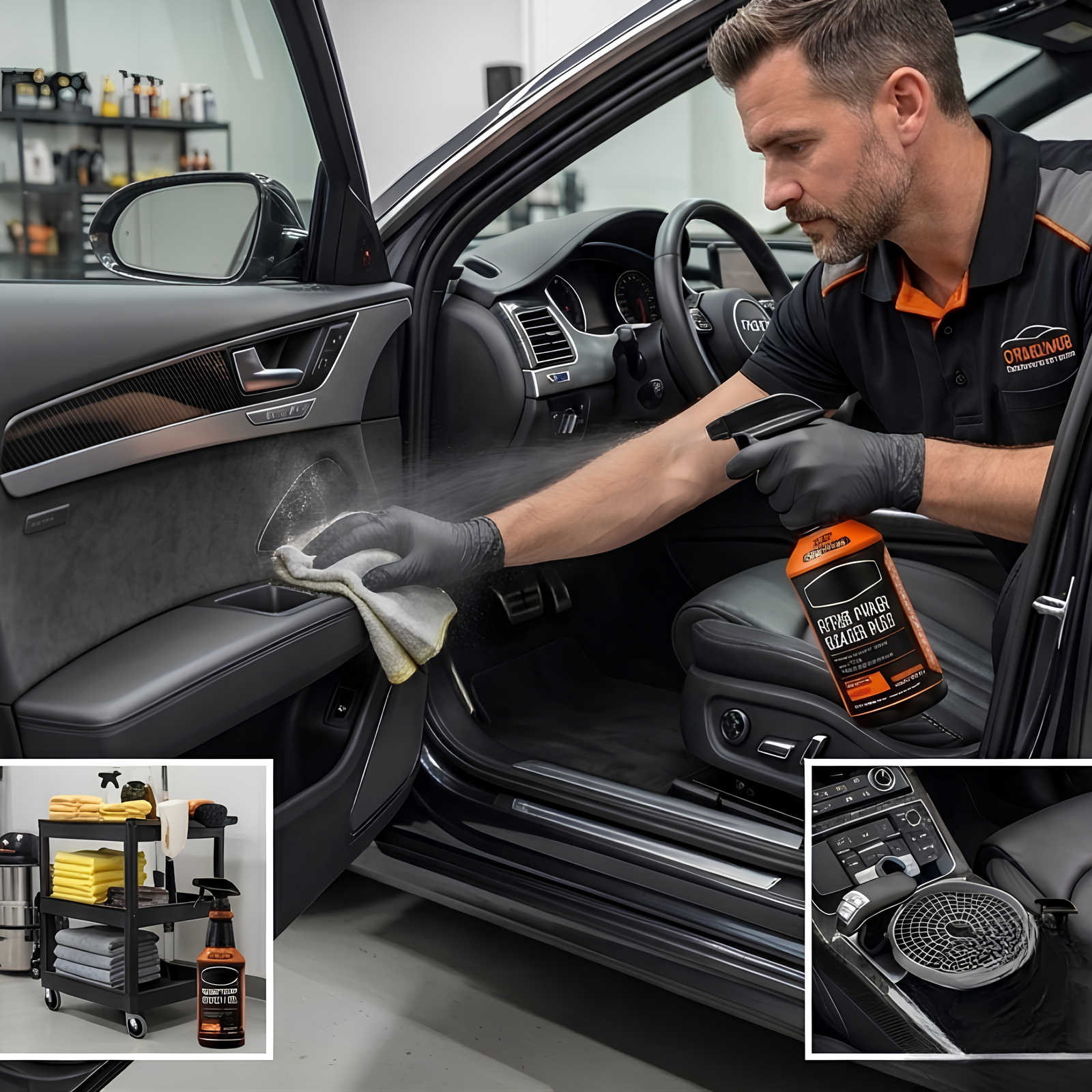 Carisma™ Power Clean citrus cleaning solution in a spray bottle, with a bright label and fresh citrus imagery.