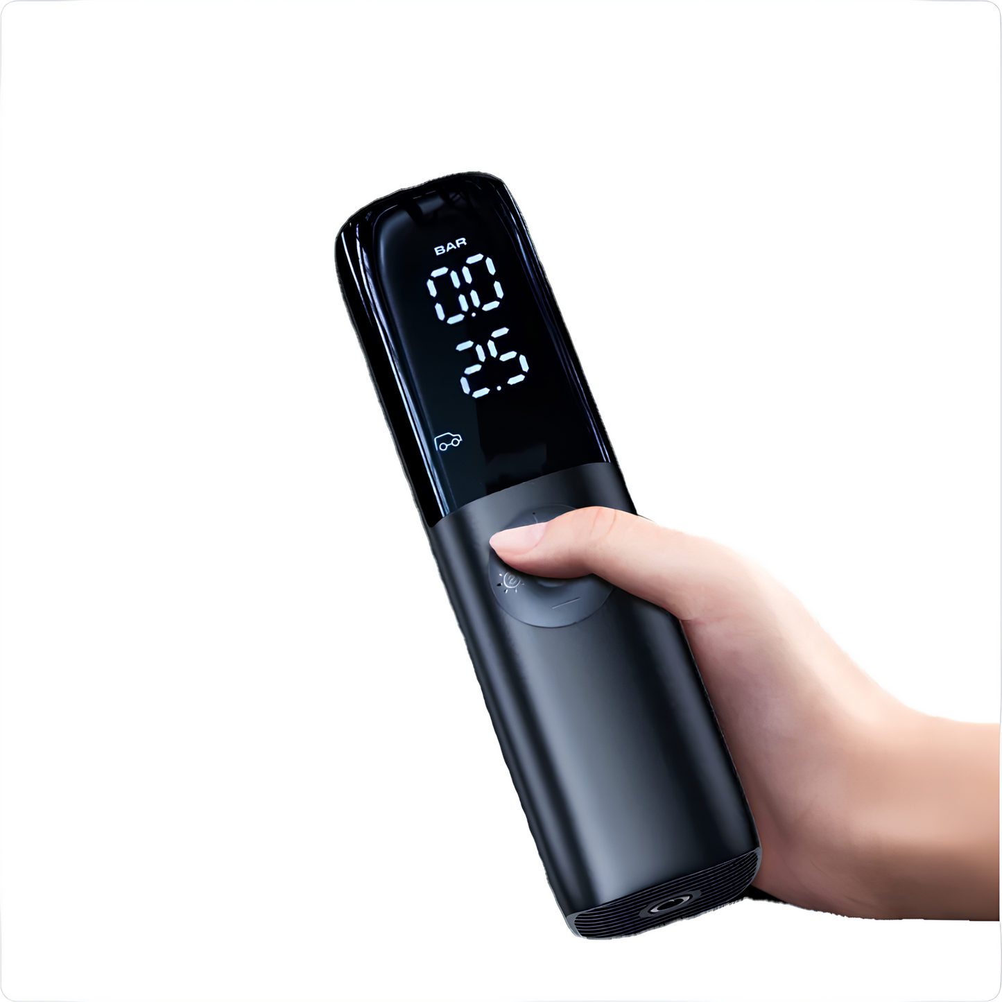 Carisma™ portable electric tire pump for cars, shown with air hose and digital display, ideal for inflating vehicle tires.