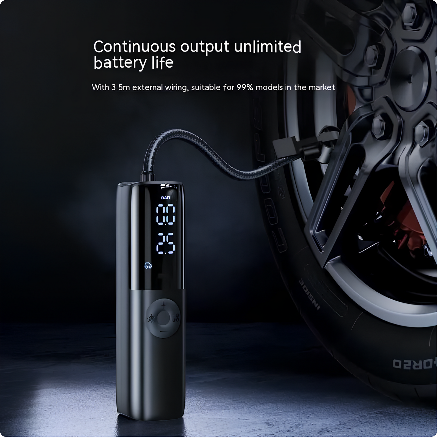 Carisma™ portable electric car tire pump with digital display and air hose for inflating car tires efficiently.