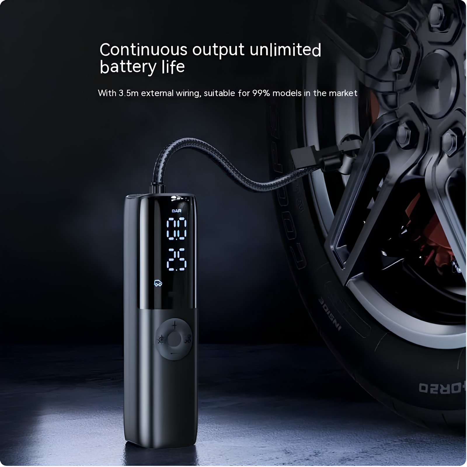 Carisma™ portable electric car tire pump with digital display and air hose for inflating car tires efficiently.