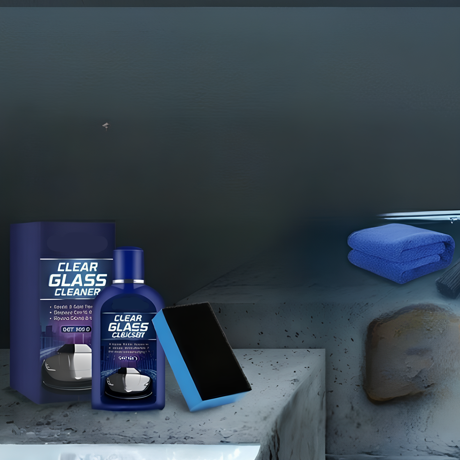 Carisma™ Clear View car glass cleaner remover showing a spray bottle and clean, streak-free glass surface.