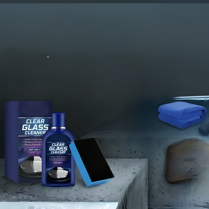 Carisma™ Clear View car glass cleaner remover showing a spray bottle and clean, streak-free glass surface.