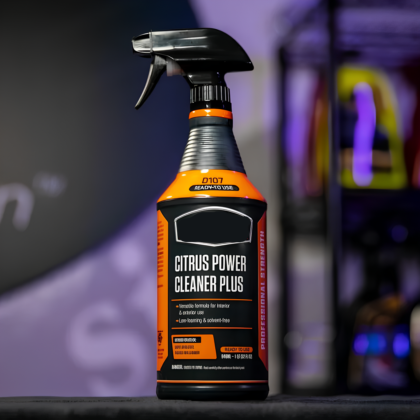 Carisma™ Power Clean citrus cleaning solution in a spray bottle, showing the label and liquid inside.