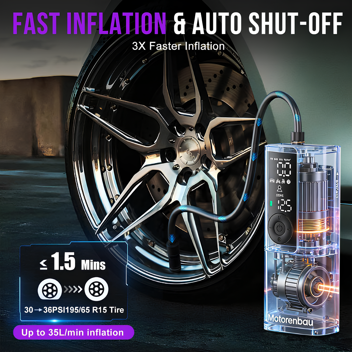 Portable Carisma™ Tire Pump electric air compressor for inflating car tires, compact and easy to use for quick tire inflation.